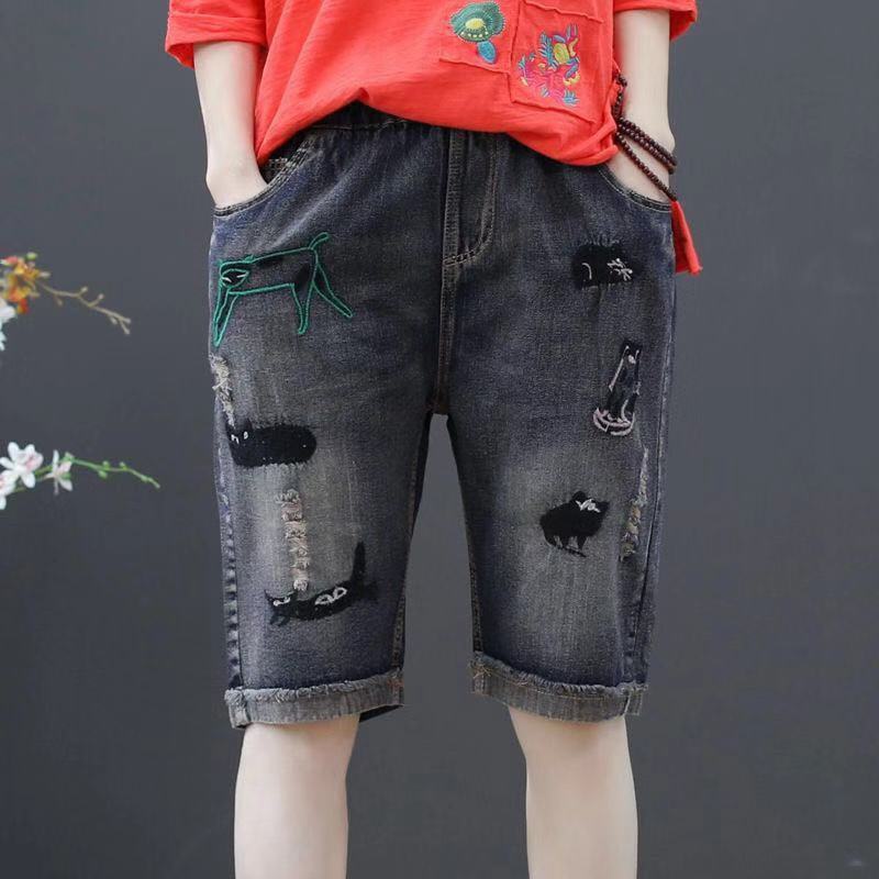 Quần Jeans Rách Gối Xé Gấu#2022 Mùa Hè Phong Cách Mới Kích Thước Lớn#Quần Short Ống Rộng Lưng Thun Phong Cách Retro