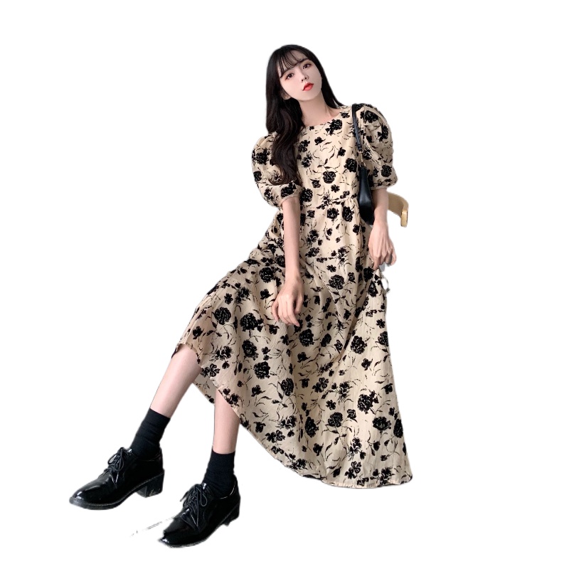 Đầm PERTY cổ tròn tay ngắn phồng họa tiết hoa thời trang mùa hè xinh xắn dành cho nữ
