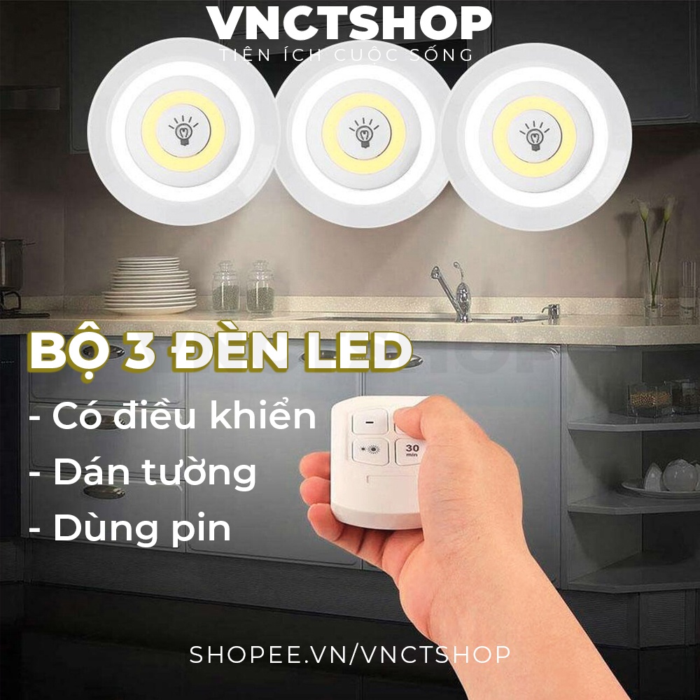 Bộ 3 đèn led dán tường không dây, đèn gắn tường tủ phòng dùng bằng pin có điều khiển từ xa bóng mini siêu sáng