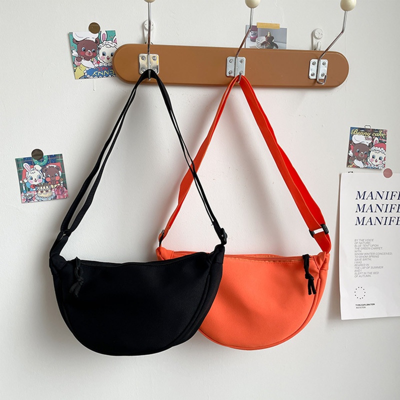 Túi Đeo Chéo Bằng Nylon Hình Bán Nguyệt Có Khóa Kéo Phong Cách Retro