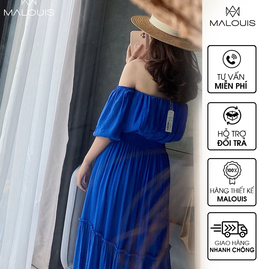 Đầm maxi cổ vuông màu xanh tay bồng chun eo dáng dài - V10