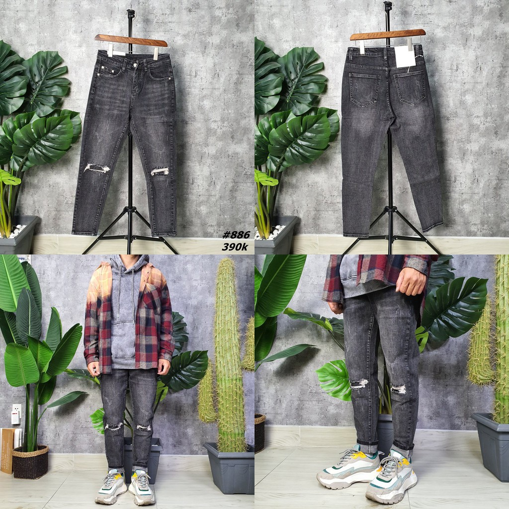 Quần jean nam W2P jeans đen wash rách gối 2 bên bụi bặm cá tính 886