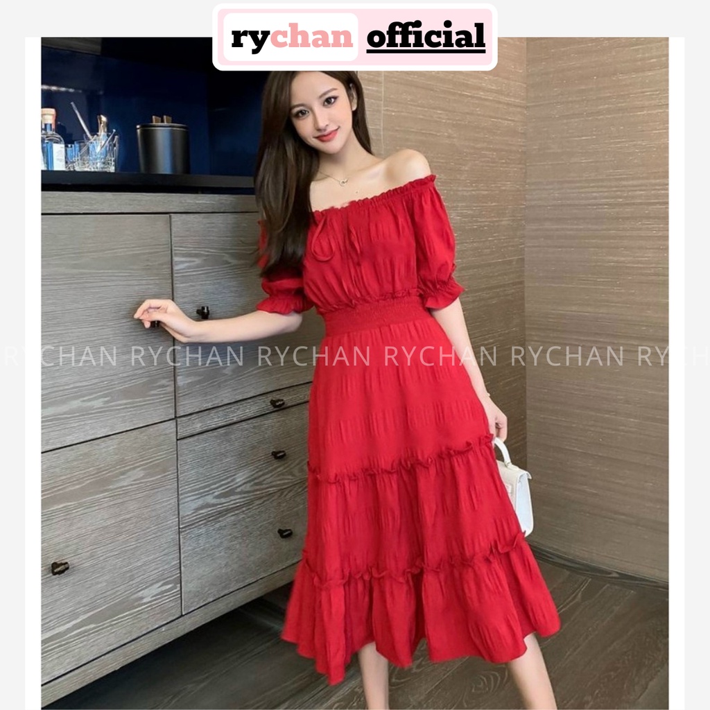 Đầm Xòe Đi Biển Midi Đỏ Trễ Vai Thắt Nơ Ngực - DX0082