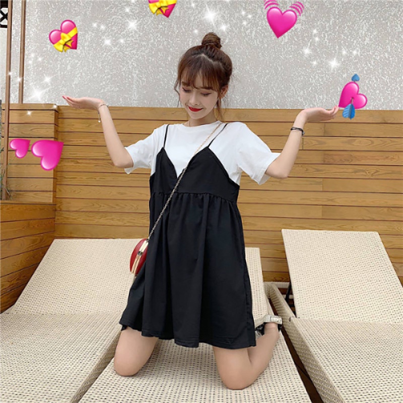 IELGY Đầm Giả Hai Lớp Tay Ngắn Dáng Rộng Thời Trang Mùa Hè