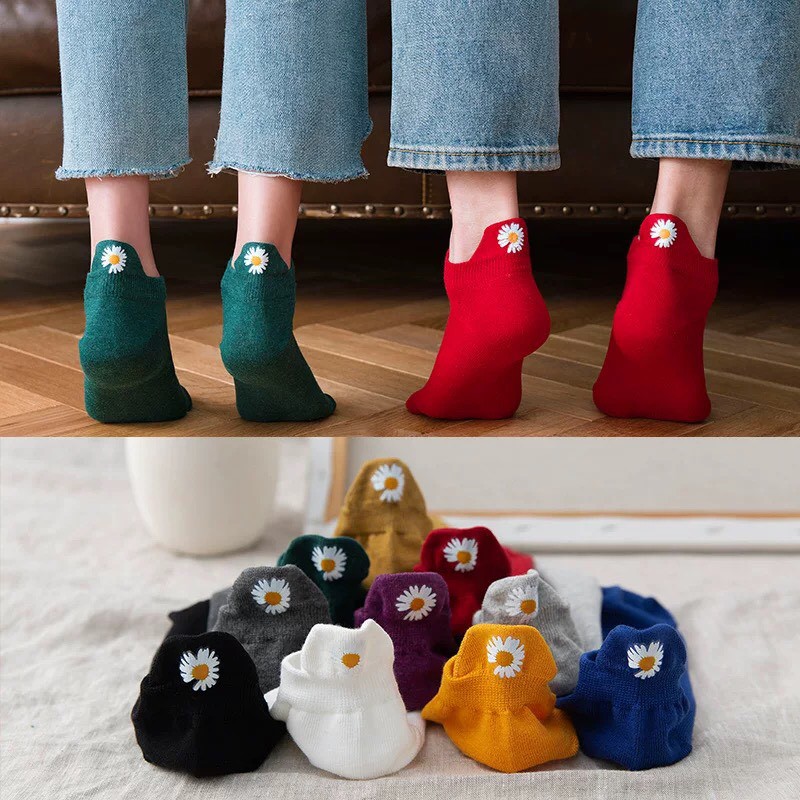 Tất cotton cổ ngắn gót thêu hoa cúc Tất vớ thấp cổ vintage hàn quốc