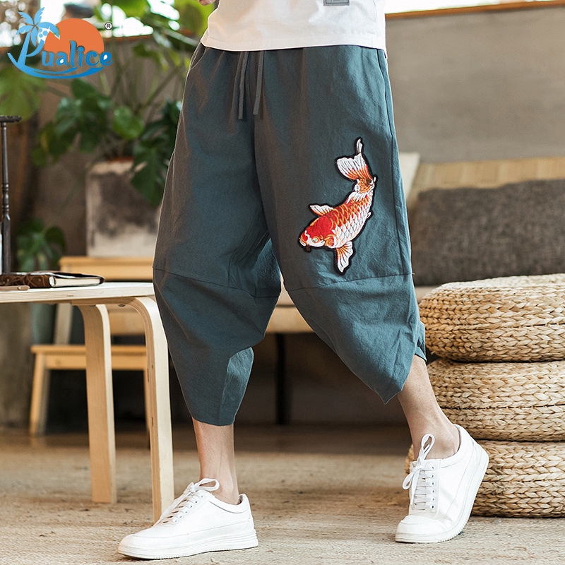 Chinese style wide-leg beach pants cropped trousers bloomers plus size retro men's trousers casual pants