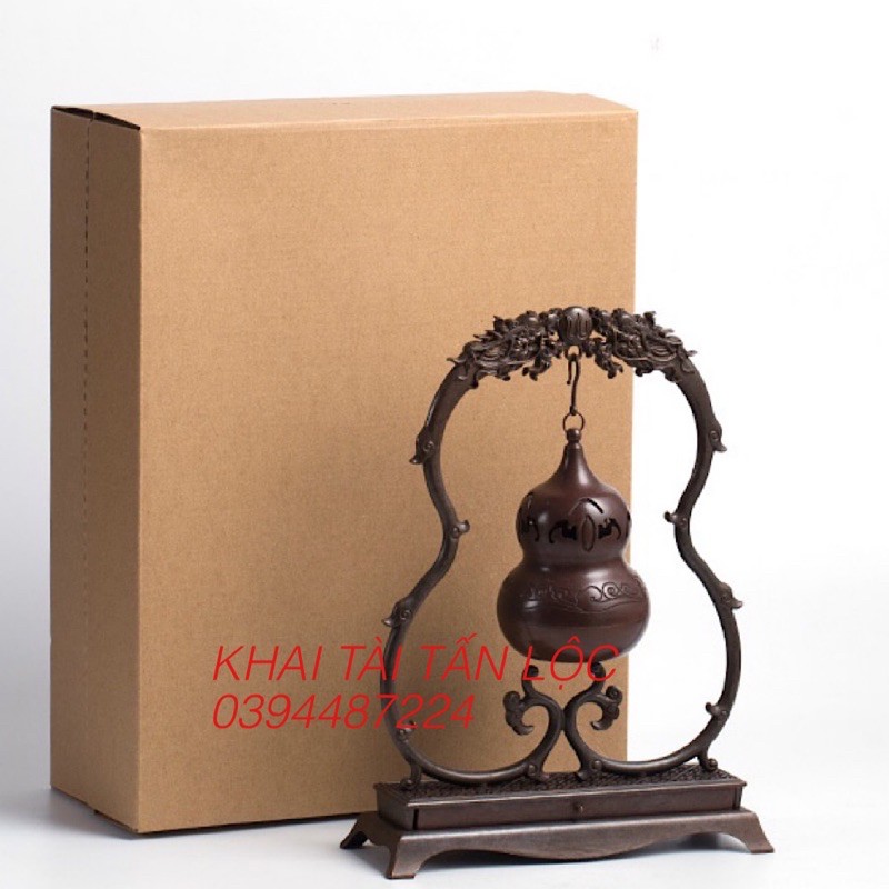 Lư xông trầm hồ lô treo song long tranh châu phong thủy bằng đồng