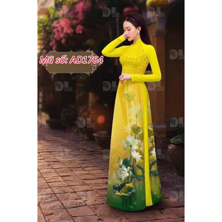 ⚡️ có big size 5XL ⚡️ AD1764 SET ÁO DÀI TRUYỀN THỐNG LỤA IN 3D HOA SEN TRẮNG KÈM QUẦN