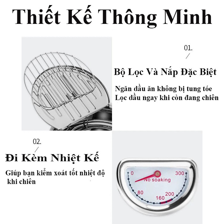 Nồi chiên dầu thông minh đa năng kèm nhiệt kế giúp căn chỉnh nhiệt độ 2 màu xanh bạc tiện ích gia đình