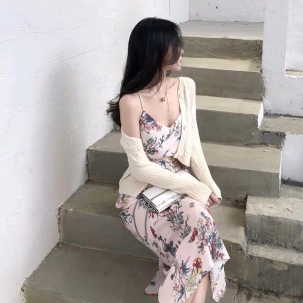 Váy hoa maxi 2 dây cổ V xẻ tà cột nơ sau dáng dài tiểu thư ulzzang siêu xinh ྇ ་