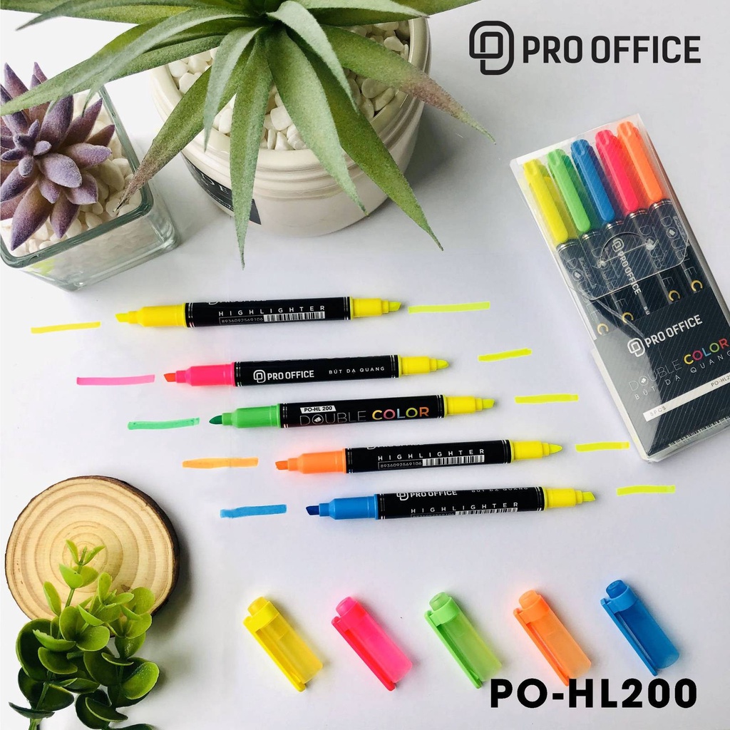 Bút dạ quang highlight PRO-OFFICE 2 đầu HL200 (set 5 màu)