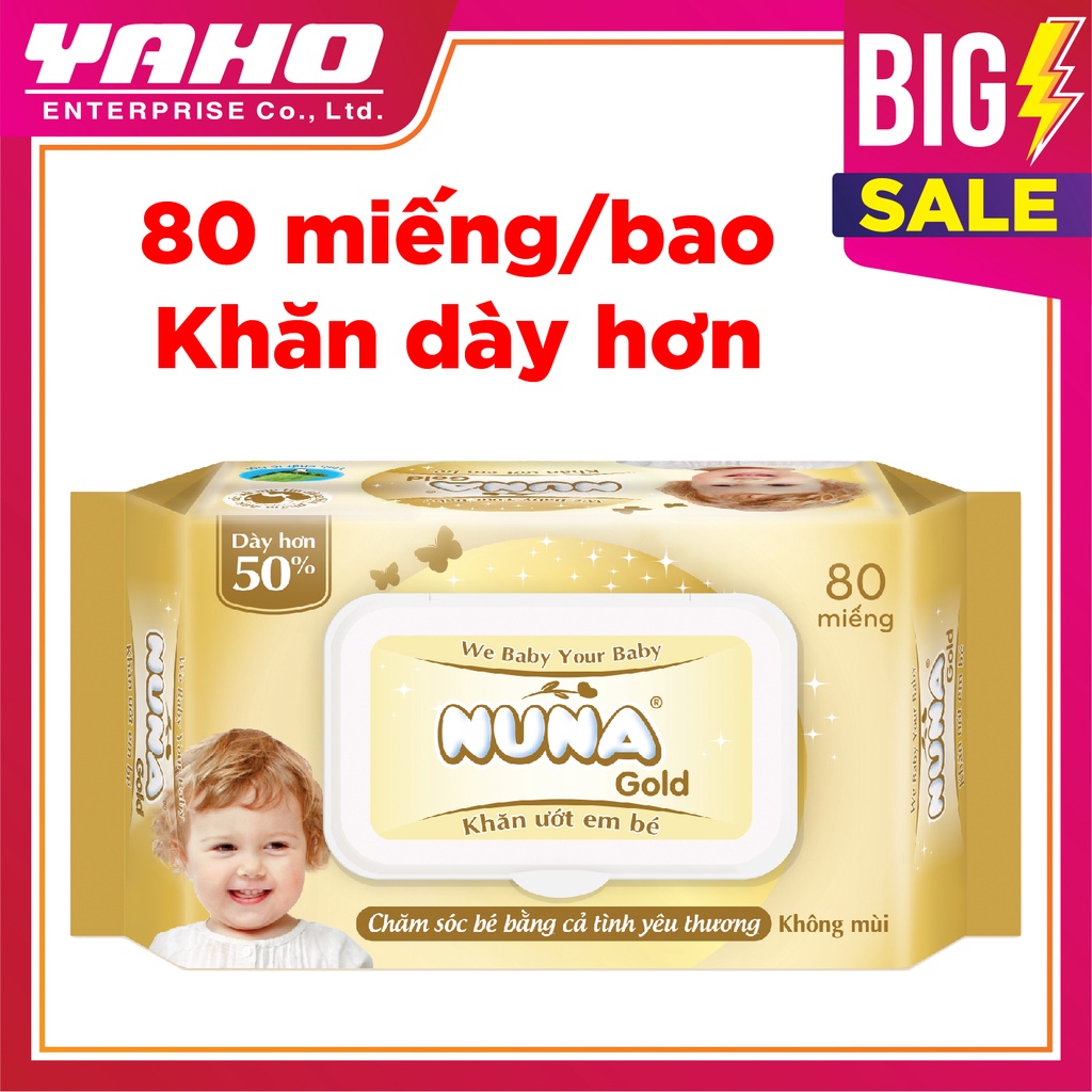 {QUÀ TẶNG FREE} Khăn ướt em bé Nuna Gold Siêu Dày 60gsm 80 MIếng Không Mùi