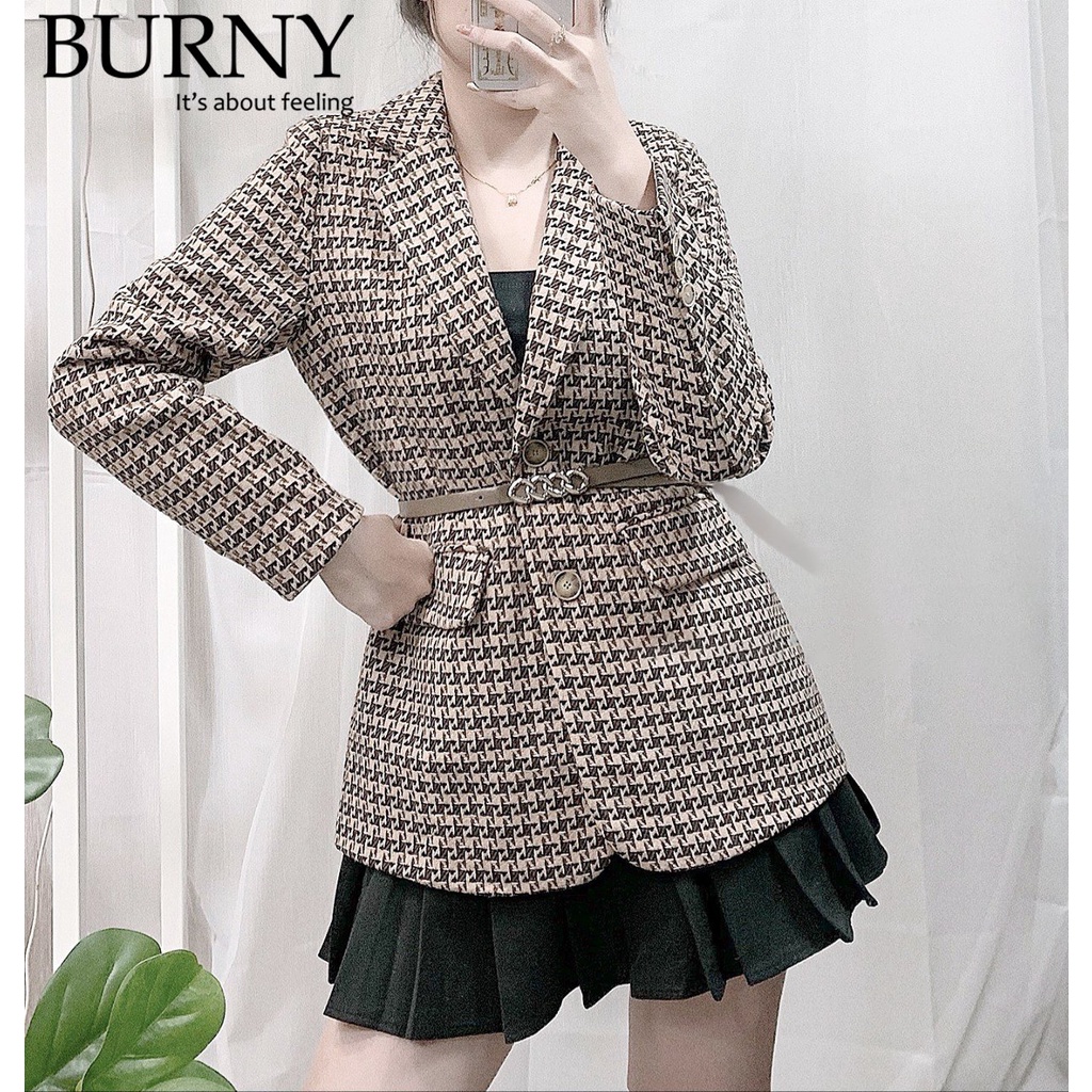 Áo blazer vải dạ màu kẻ nâu tây bản to Burny A3009720