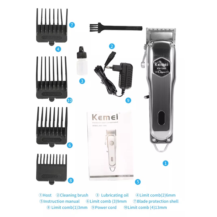 Tông đơ cắt tóc cao cấp lưỡi kép Kemei 1998 hàng chính hãng tăng đơ cắt tóc không dây người lớn, trẻ em và gia đình