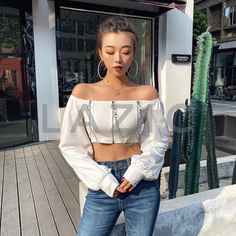 Áo croptop trắng trễ vai tay dài khóa kéo cá tính năng động ulzang Hàn Quốc