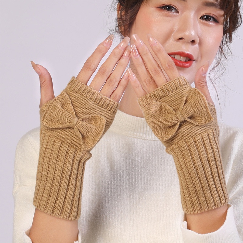 Găng Tay Len Hở Ngón Màu Trơn Đính Nơ Dễ Thương Cho Nữ