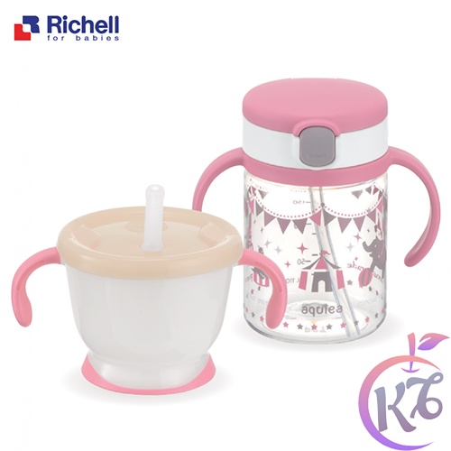 Set cốc ly tập uống 3 giai đoạn 150ml và bình uống nước có ống hút 200ml Richell nhựa PP cao cấp (Hồng) - RC22021 - coc