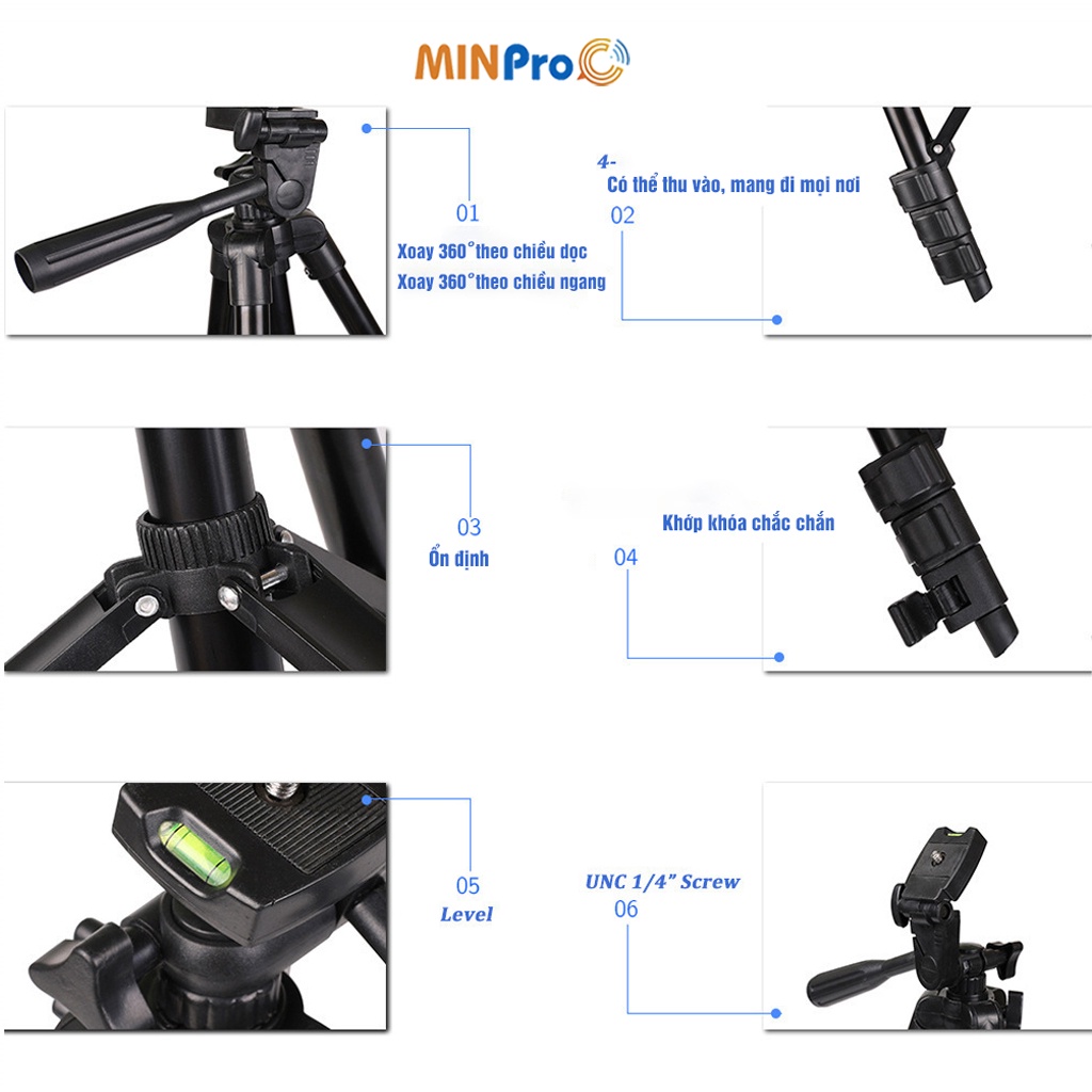 Giá đỡ điện thoại chụp ảnh kèm kẹp điện thoại 3 chân remote tương thích với nhiều dòng máy MINPRO