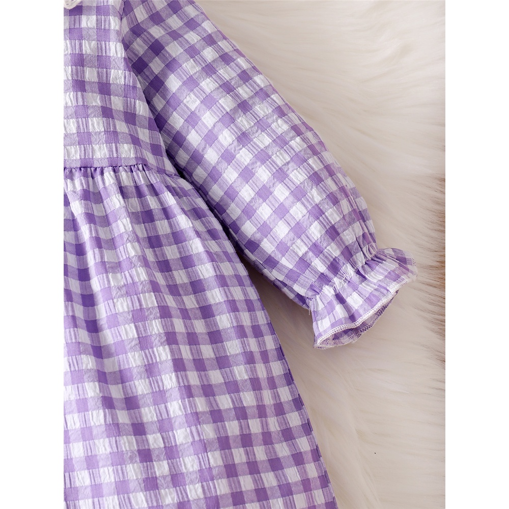 Đầm MIKRDOO tay dài phối cổ ren họa tiết kẻ sọc caro phong cách Pháp đáng yêu cho bé gái