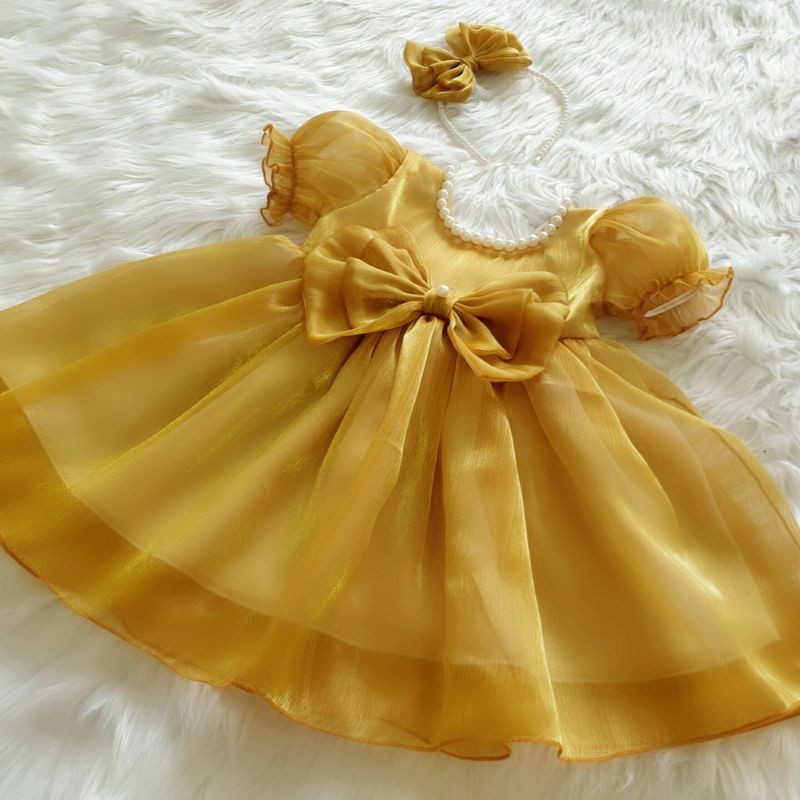 Váy đầm vàng đính nơ bồng bềnh chơi noel, tết tặng kèm băng đô nơ cùng màu