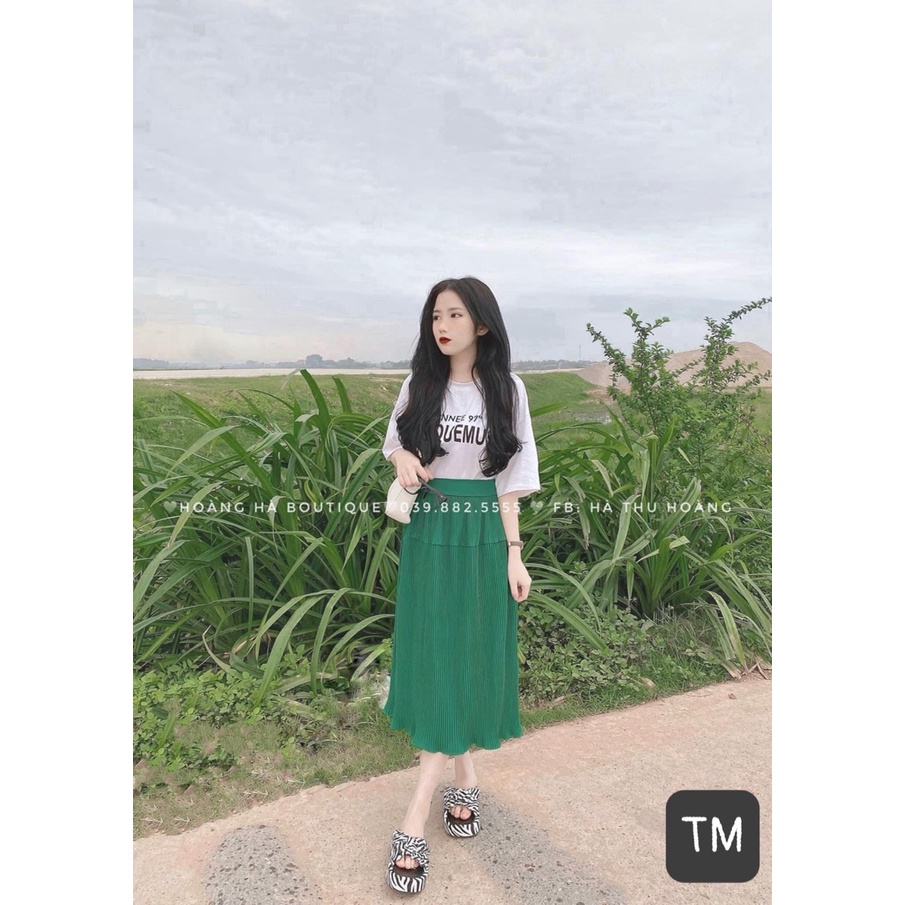 Set áo thụng trắng mix chân váy xếp li xanh TL883