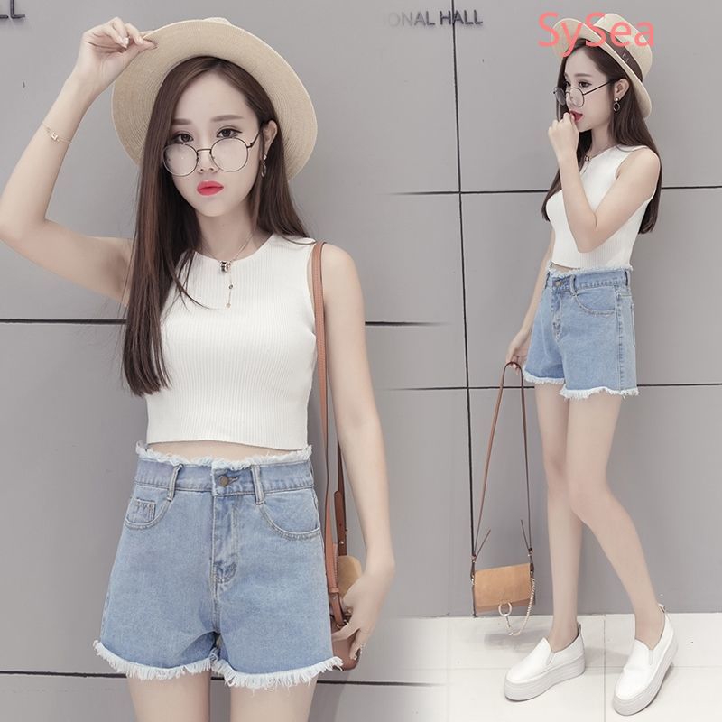 Quần Short Jean Lưng Cao Ống Rộng Phong Cách Hàn Quốc