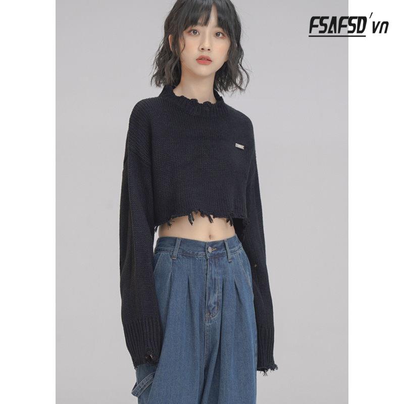 Áo Sweater Dệt Kim Tay Dài Dáng Rộng Phối Rách Cá Tính Cho Nữ
