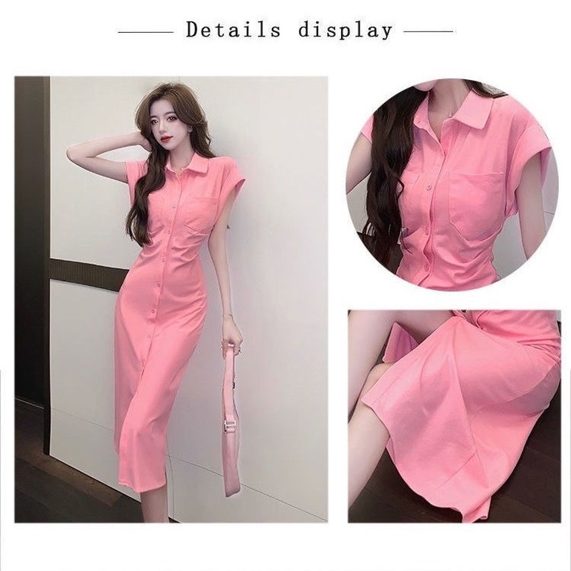 Đầm Không Tay Cổ Bẻ Xếp Ly Cài Hai Hàng Nút Thời Trang Mùa Hè Hàng Mới 2022