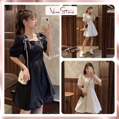 Váy nữ nơ vai đầm nữ trơn tay bồng dáng xòe tiểu thư sang chảnh chất đũi mềm mịn đen trắng đi chơi đi tiệc Nina Store