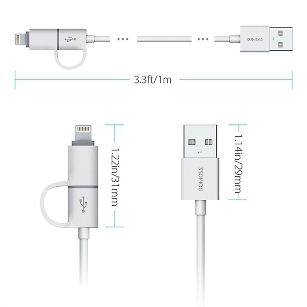 Cáp sạc 2-in-1 Lightning &amp; Micro USB Romoss CB20 (Trắng) - Hãng phân phối chính thức