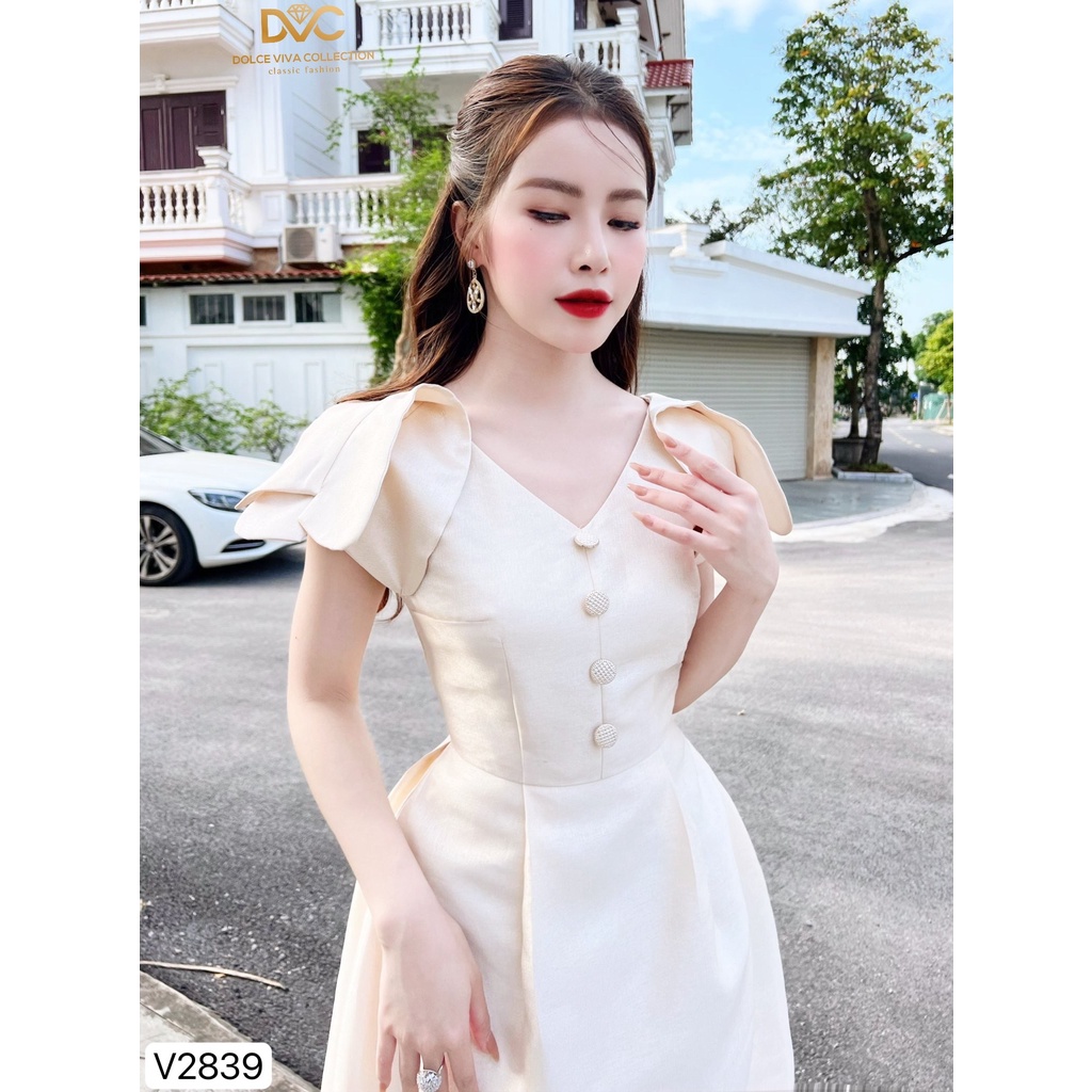 Váy tafta nhũ be cổ v đính cúc V2839- DOLCE VIVA COLLECTION