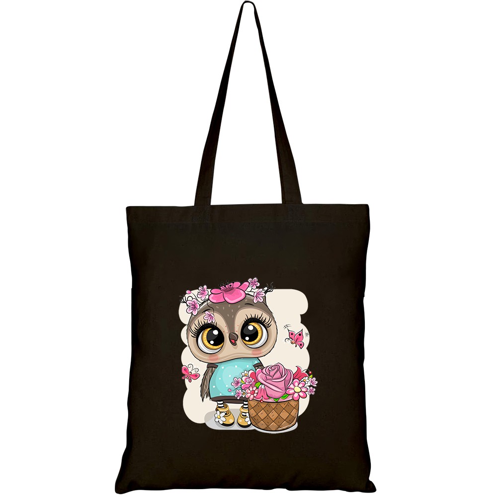 Túi vải tote canvas HTFashion in hình cute cartoon owl flowers on HT365