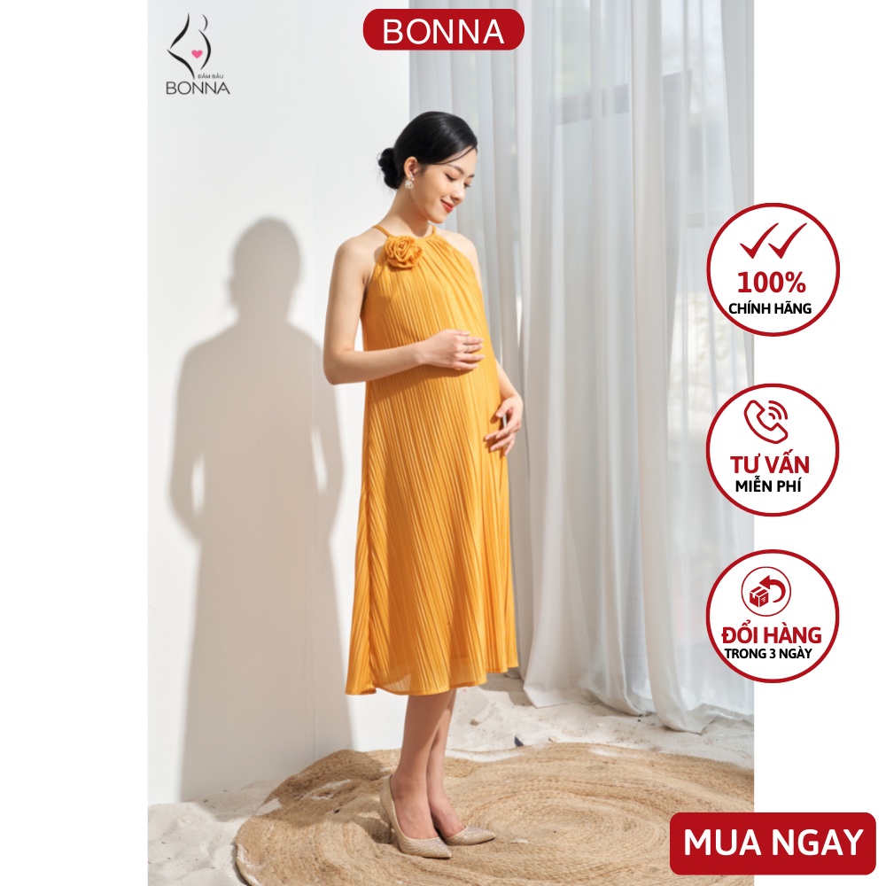 Váy maxi bầu đi biển BONNA dáng cổ yếm suông dài, đính kèm hoa sang chảnh, chất thun Hàn cao cấp, mặc đi du lịch VS146
