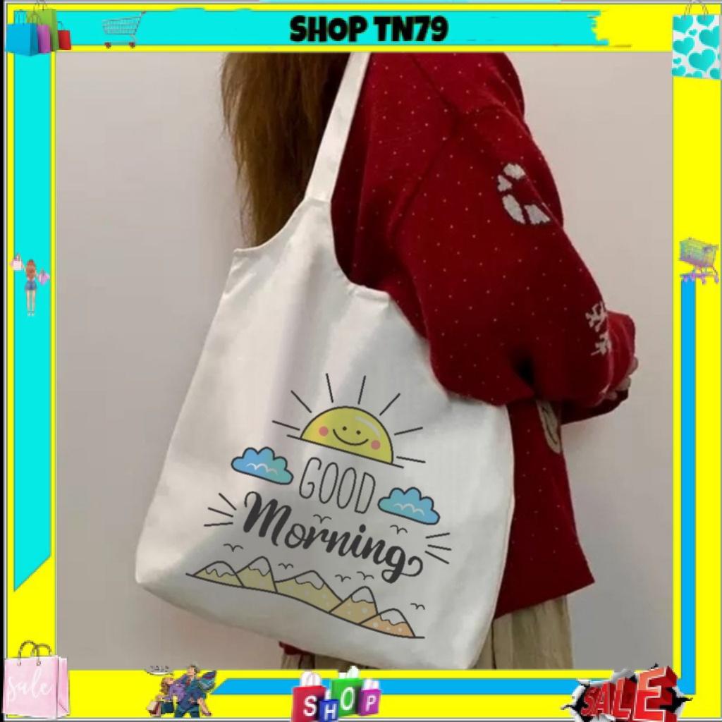 Túi tote nữ vải canvas Good Morning có khóa miệng , túi con phong cách Hàn Quốc thích hợp đi học , đi chơi ...