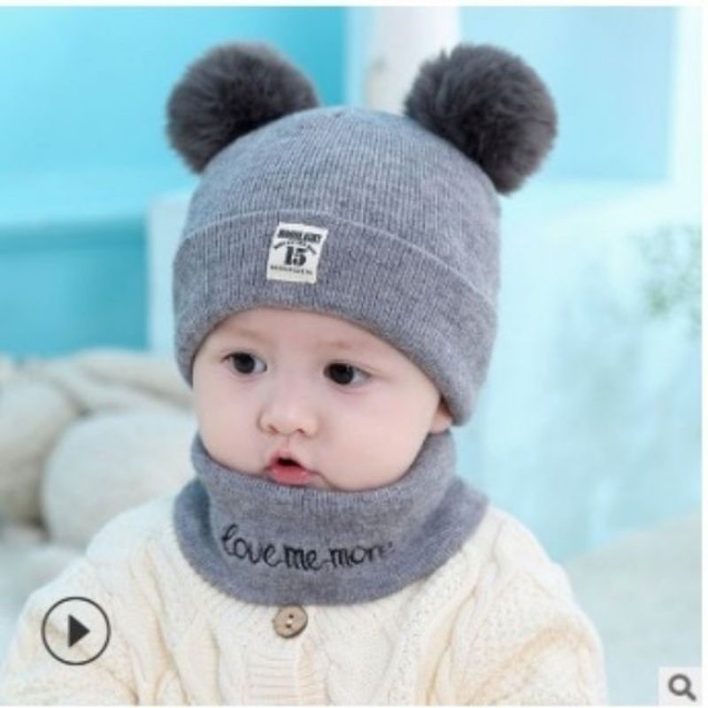 Set Mũ Len Kèm Khăn Ống, Mũ Len Hai Quả Bông Cho Bé 6 Tháng - 3 Tuổi