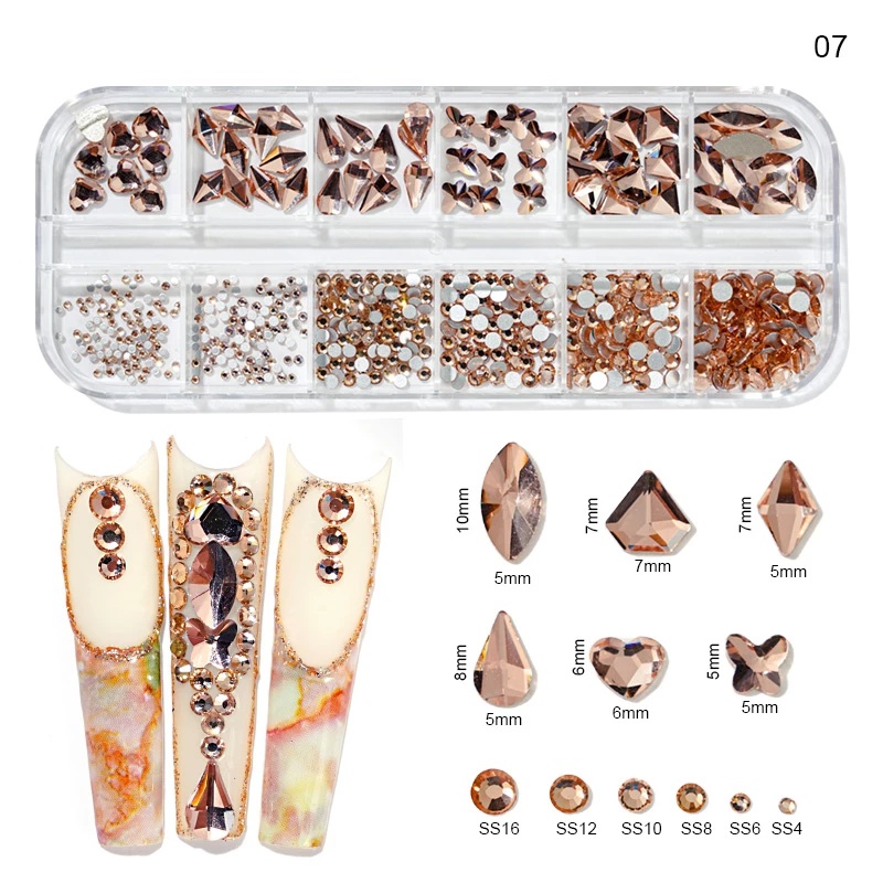 Hộp 12 Kích Cỡ Hạt Pha Lê AB 3D Trang Trí Móng Tay Nghệ Thuật