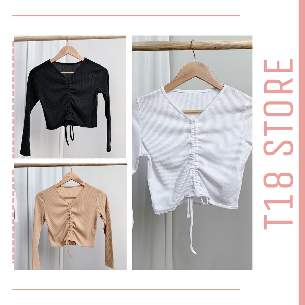 Áo croptop nữ tay dài kiểu ôm rút dây cổ tim bigsize thun body T18 STORE  CT03