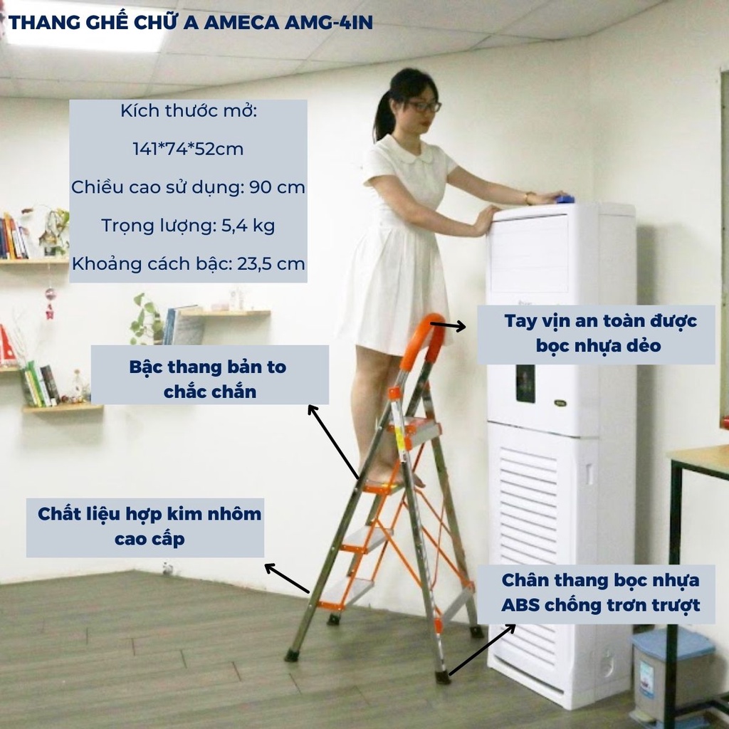 Thang ghế chữ a khung inox bậc nhôm tay vịn gấp gọn Ameca 3 4 bậc bảo hành chính hãng 18 tháng Maxbuy AMG