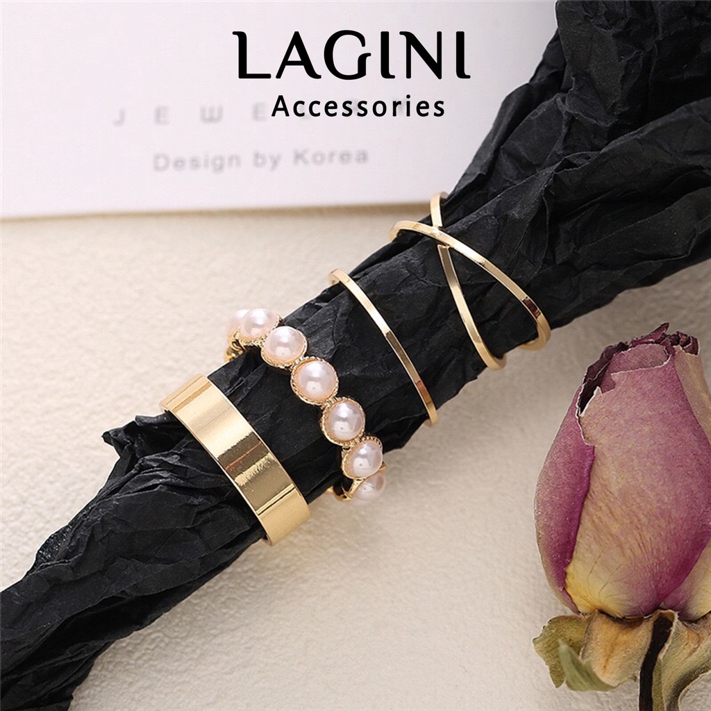Set bộ 4 nhẫn Lagini đính ngọc trai phong cách Unisex N9