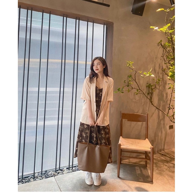 VÁY HAI DÂY HOA NHÍ TRẮNG/NÂU - VÁY HAI DÂY MIDI ĐIỀU CHỈNH ĐƯỢC DÂY