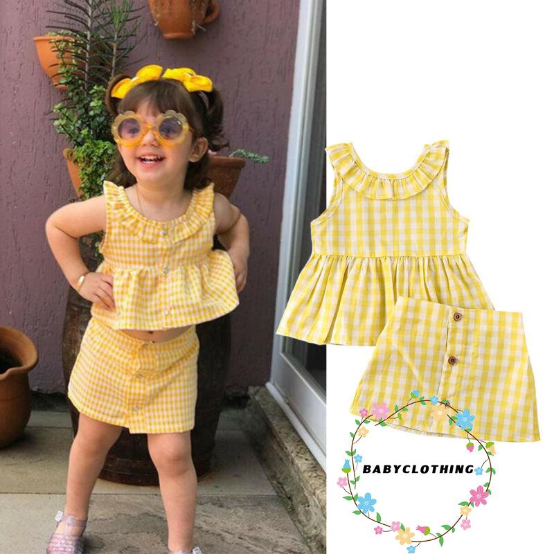 Set áo không tay + chân váy lưng cao sọc ca rô cho bé gái