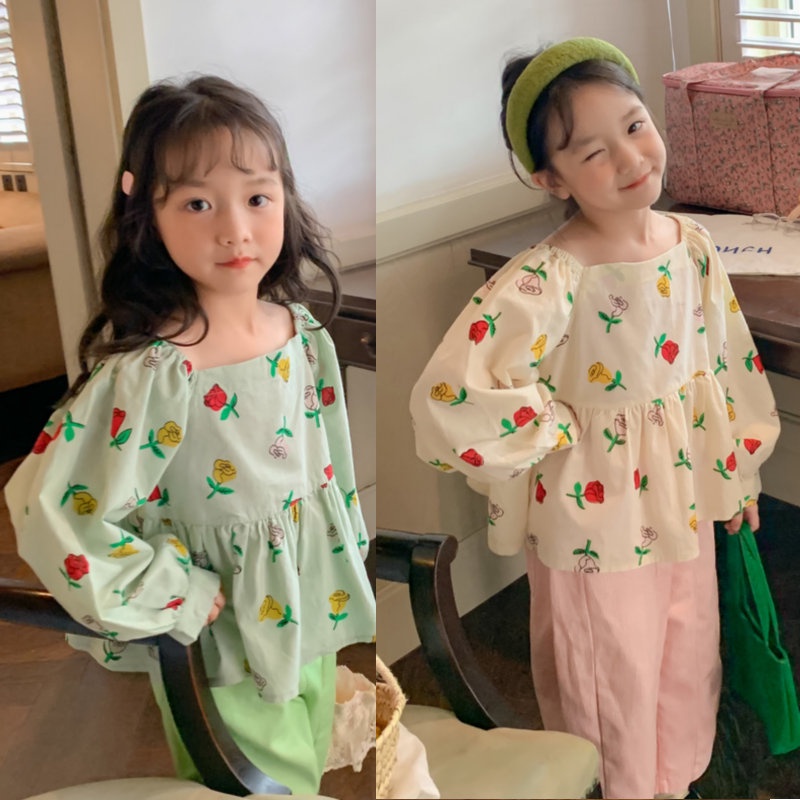 Áo Sơ Mi Cotton Tay Phồng Dáng Dài Họa Tiết Hoa Phong Cách Hàn Quốc Thời Trang Mùa Thu Dành Cho Bé Gái