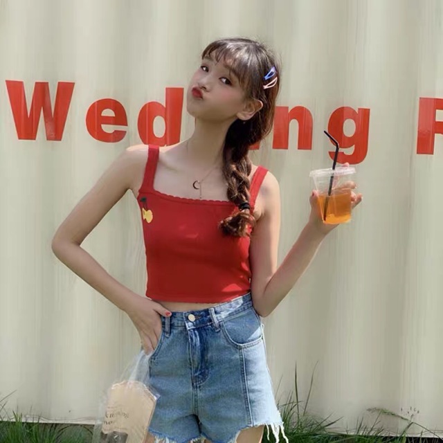 ☘️Ulzzang style☘️Áo Len Hai Dây Cherry☘️ Len Lạnh Mặc Hè☘️Hàng Quảng Châu
