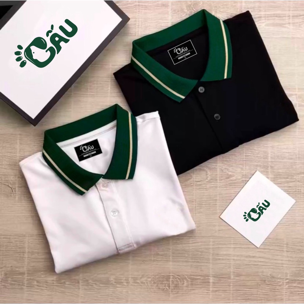 Áo thun Polo GẤU 194 Trơn Unisex vải cá sấu Poly co dãn 4 chiều dày dặn form gerular fit - PL Sọc Xanh Be