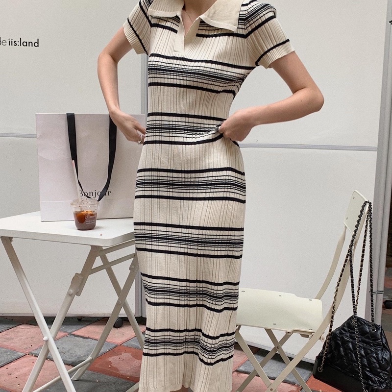 ĐẦM LEN DỆT KIM DÁNG SUÔNG KẺ NGANG