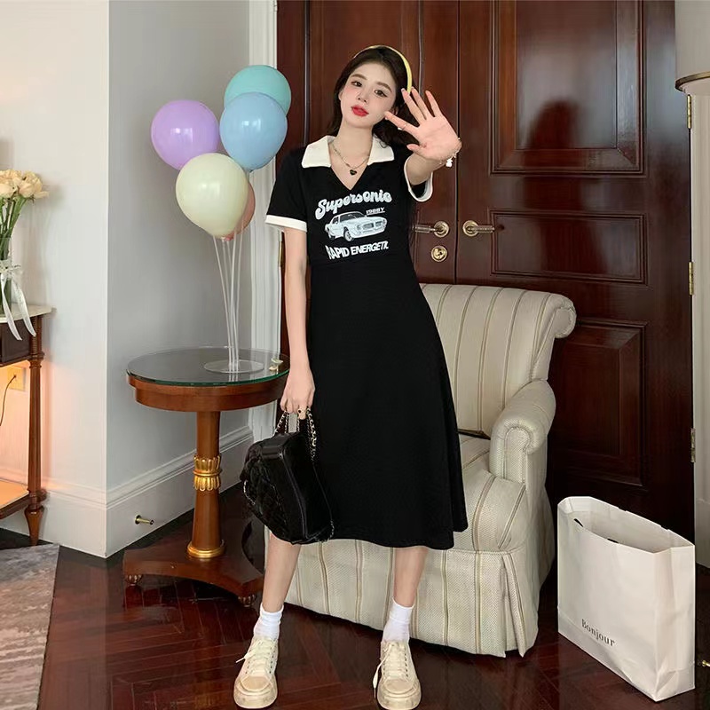 Váy Bigsize Nữ Màu Đen Cổ Polo Dáng Dài Tiết In Họa Thời Trang Hàn Quốc Đầm Nữ