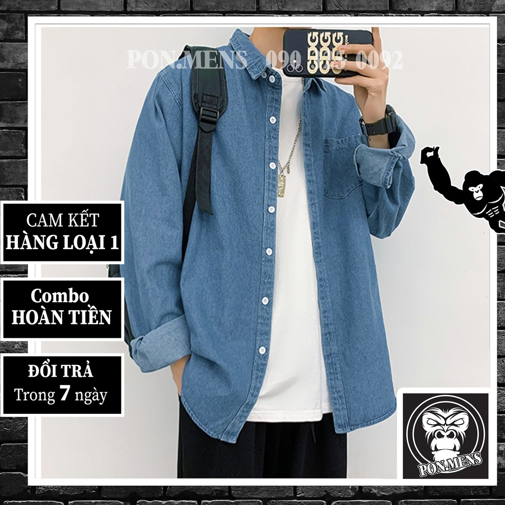 Áo sơ mi jean nam form rộng dài tay phong cách Hàn Quốc 2021 PON.MENS