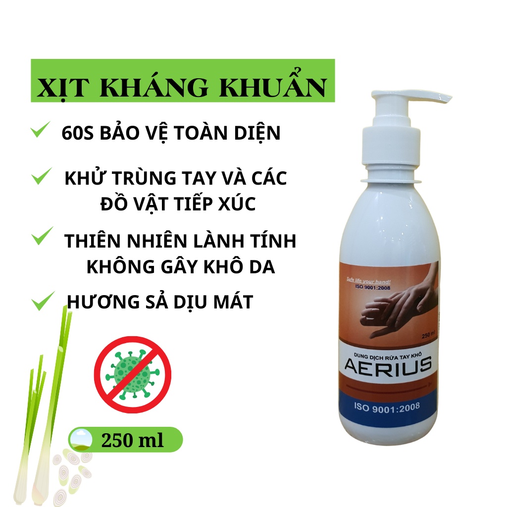 Nước rửa tay kháng khuẩn, xịt kháng khuẩn, dung dịch diệt khuẩn, rửa tay khô AERIUS  (chai 100ml - 250ml - 500ml))