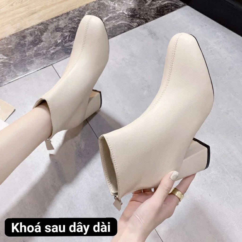 Bốt Nữ Hàn Quốc Giày Boot Nữ Công Sở Gót Vuông 7 phân Khóa Sau Da Sần và Da Lì (Dây dài)