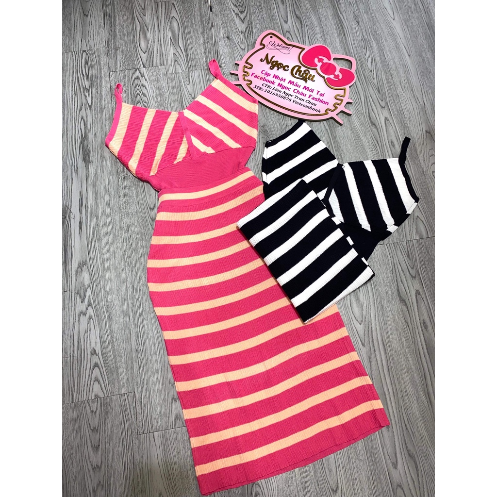 Set Váy Áo Monterghi Hai Dây Kẻ Sọc Hồng len tăm loại 1, tôn da tôn dáng dự tiệc